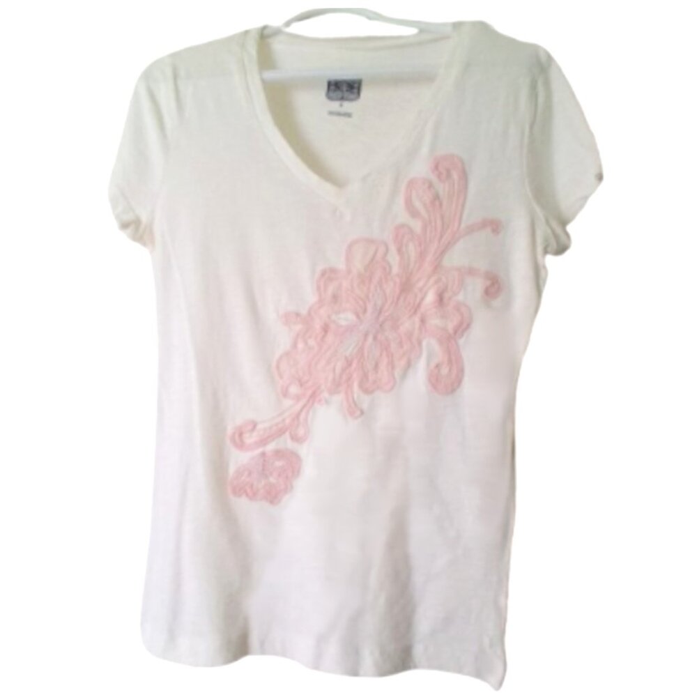 Tommy Hilfiger White V-Neck Short Sleeve T-Shirt, Pearl & Pink Floral Detail, M